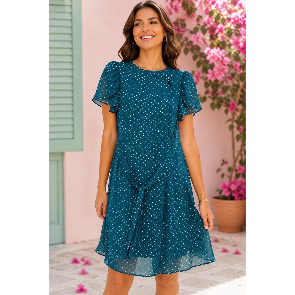 Jody California Vintage 90s Teal Floral Tulip Shift Dress Short Flutter Sleeve
